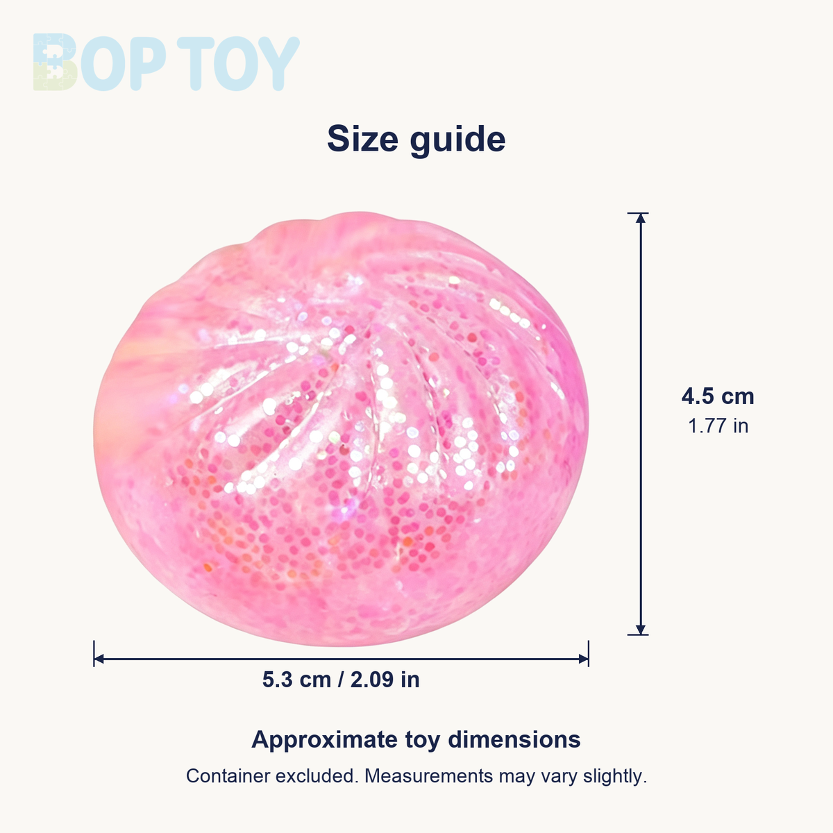 Mini Glitter Bao Bun Squishy - approximate toy dimensions: 5.3 cm wide x 4.5 cm high (2.09 x 1.77 inches); container excluded