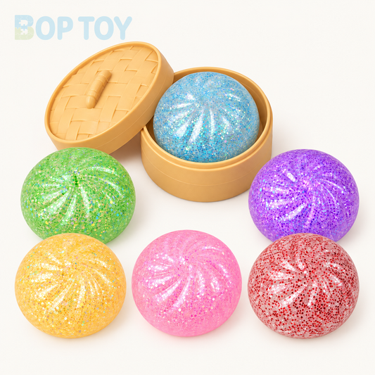 Mini no-face glitter bao bun with tan steamer and six color examples - one random toy, not a set