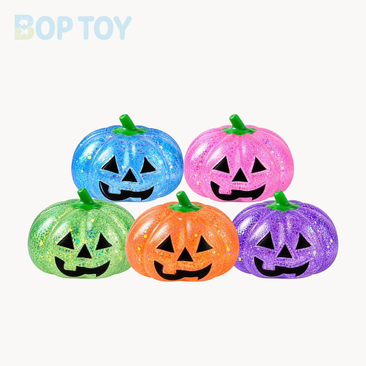 All five glitter pumpkin squishy colors: blue, pink, green, purple and orange; each with green stem and black jack-o-lantern face