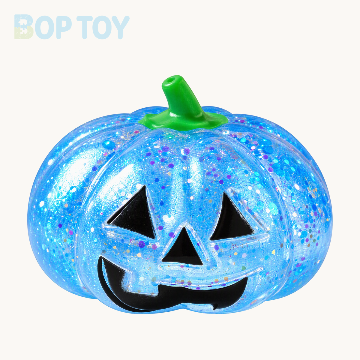 Blue glitter pumpkin squishy with green stem and black jack-o-lantern face; packaging depends on selected option