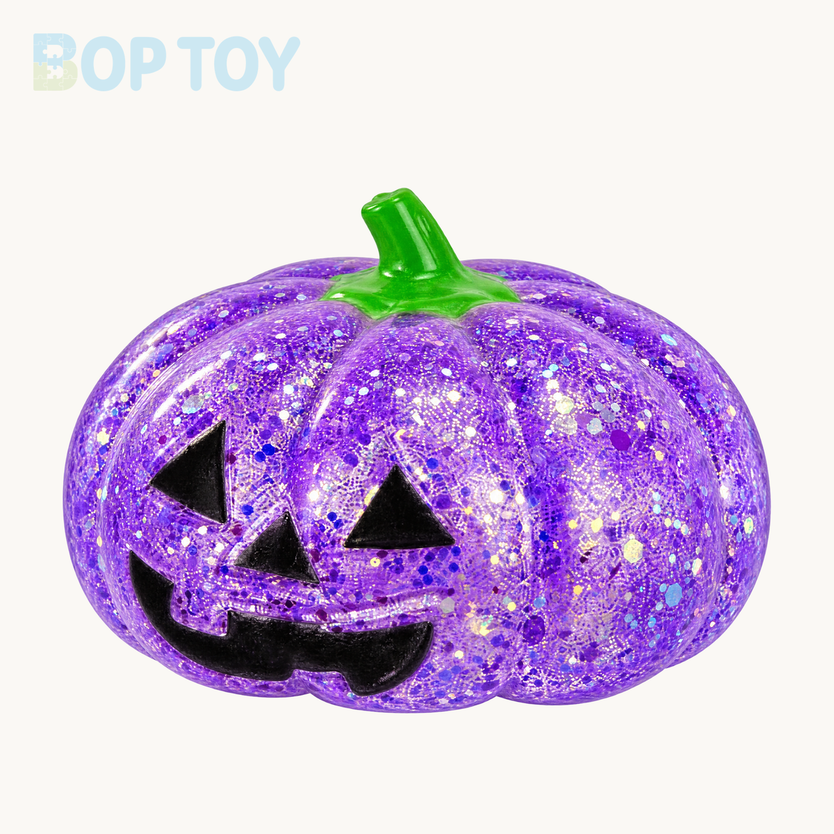Purple glitter pumpkin squishy with green stem and black jack-o-lantern face; packaging depends on selected option