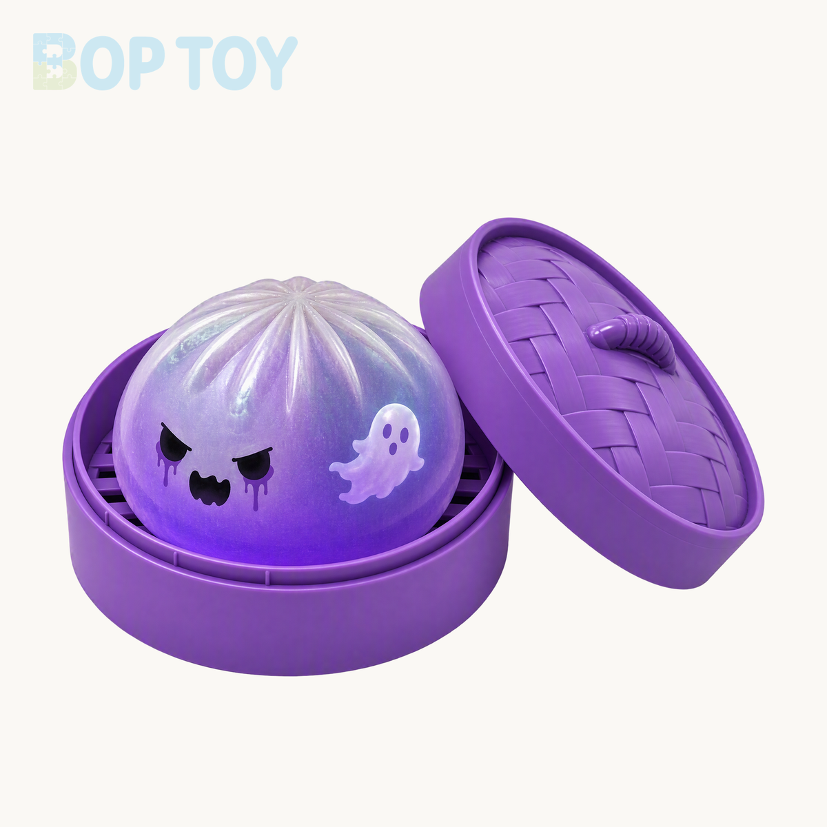 One pearlescent purple ghost bun squishy with spooky black expression, pale ghost graphic and matching purple steamer with lid
