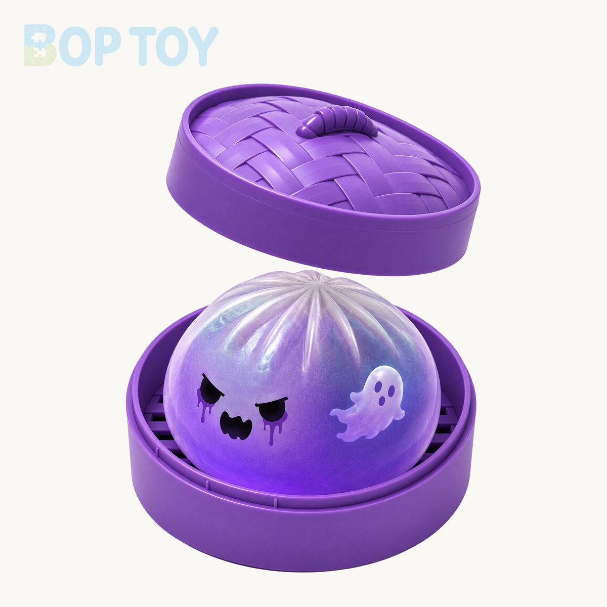 Open presentation of purple ghost bun squishy in purple steamer with woven-pattern removable lid shown above