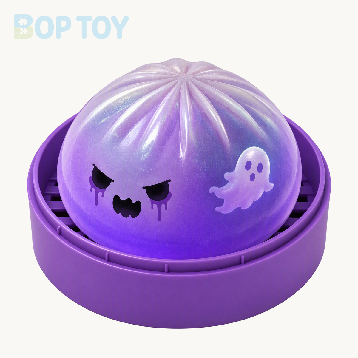 Purple ghost bun close-up showing pearlescent surface, gathered folds, dripping-eye face and small pale ghost graphic