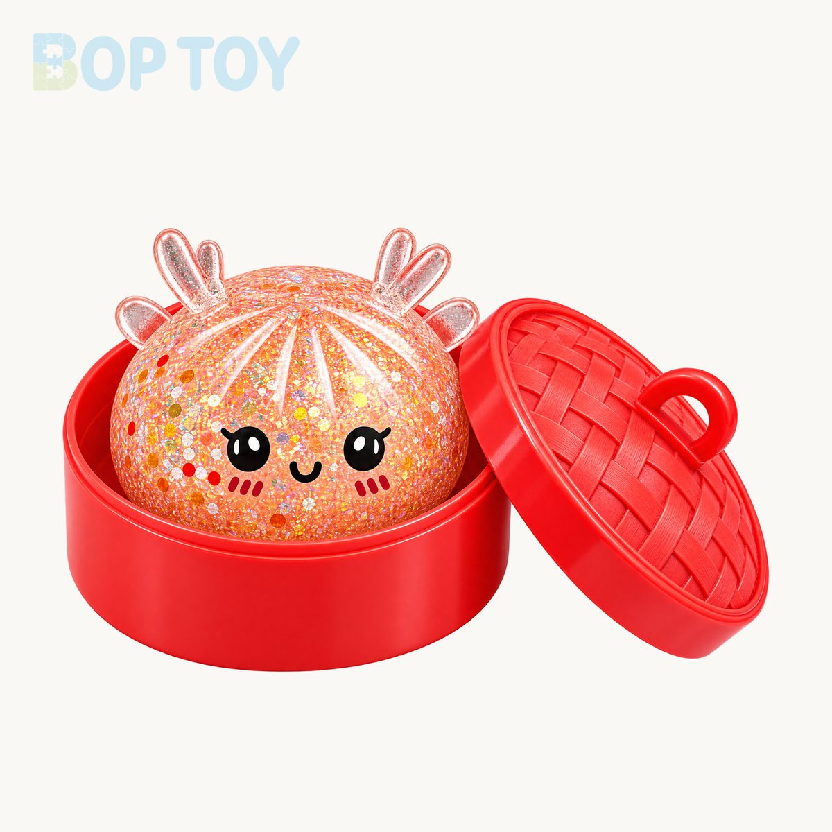 Peach-orange reindeer bun squishy example with U-shaped smile, red steamer and matching lid
