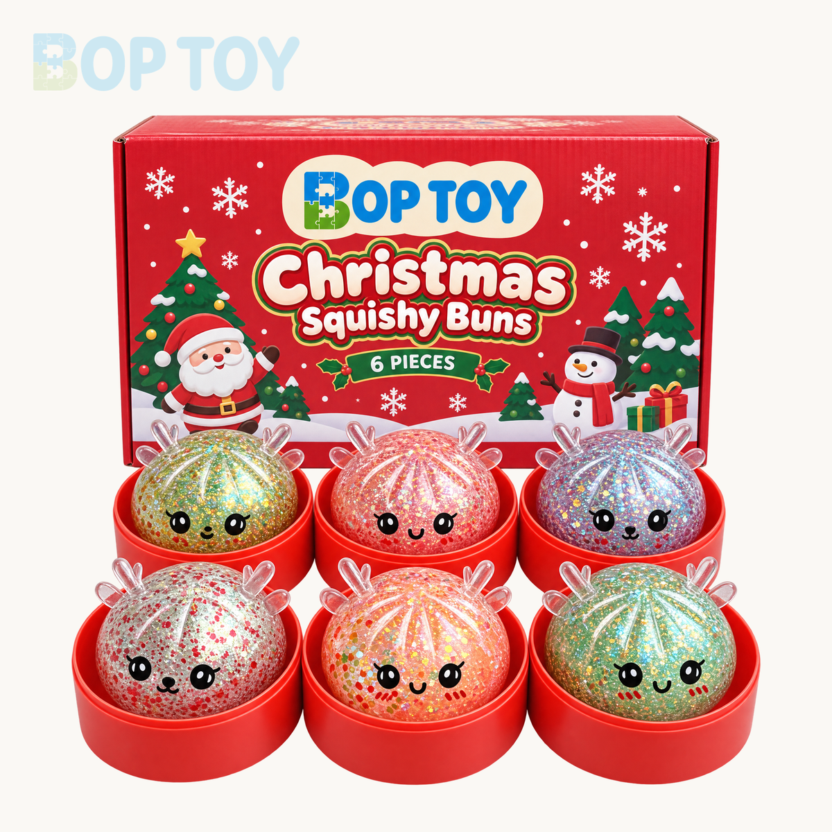BopToy six-piece Christmas glitter reindeer squishy gift box packaging design with six toys in red steamers