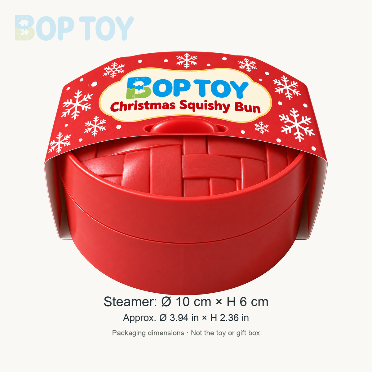 Red steamer packaging approximate diameter 10 cm / 3.94 in and height 6 cm / 2.36 in; not toy or gift-box dimensions