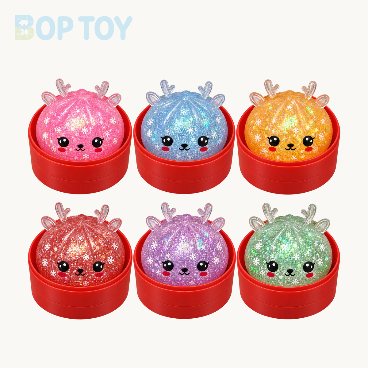 Six possible Christmas reindeer squishy color examples in red steamers; assortment illustration, not a six-piece option
