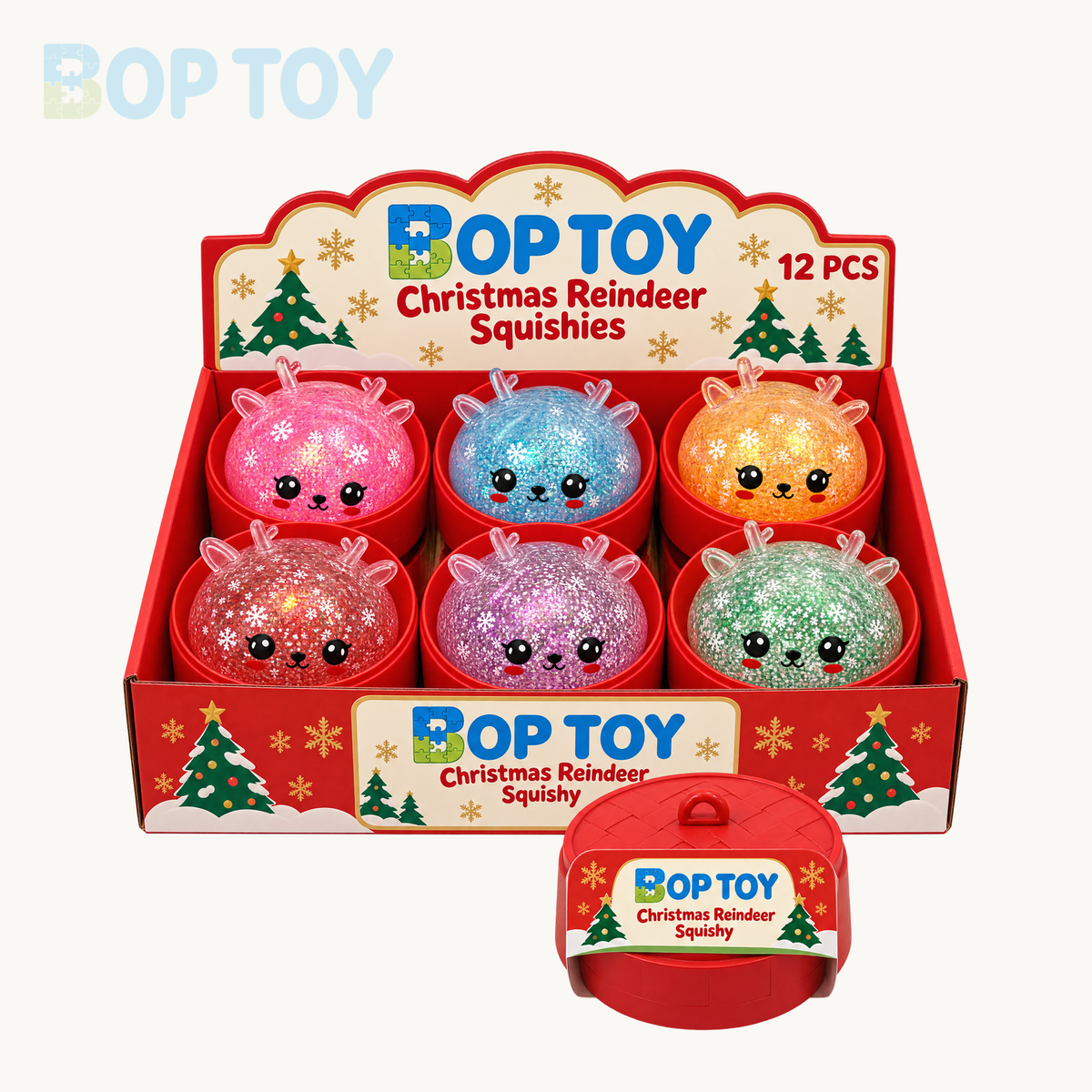 BopToy Christmas reindeer 12-box display packaging rendering with visible color examples; assortment may vary