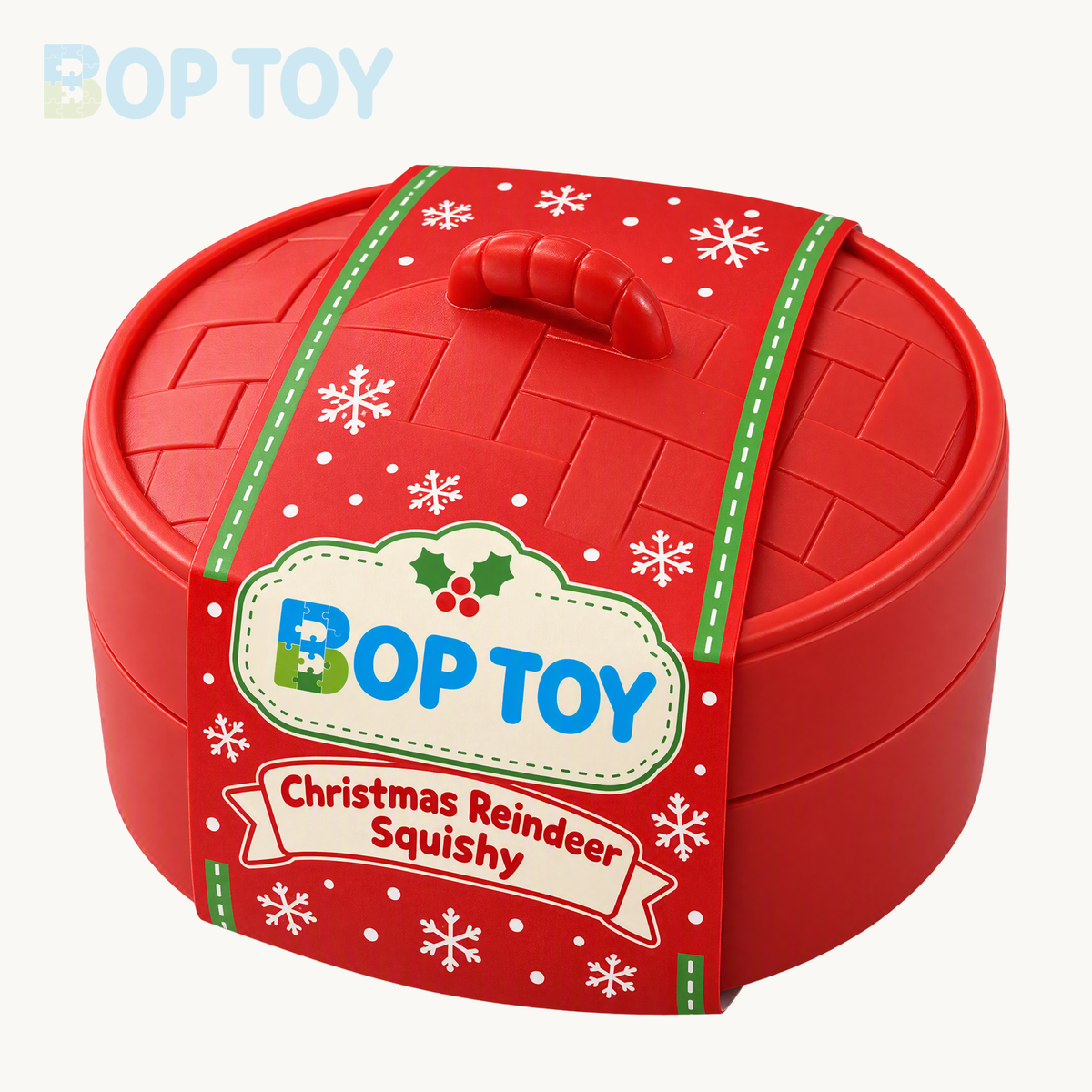 Included red plastic steamer with woven-pattern lid and BopToy paper belly-band packaging design