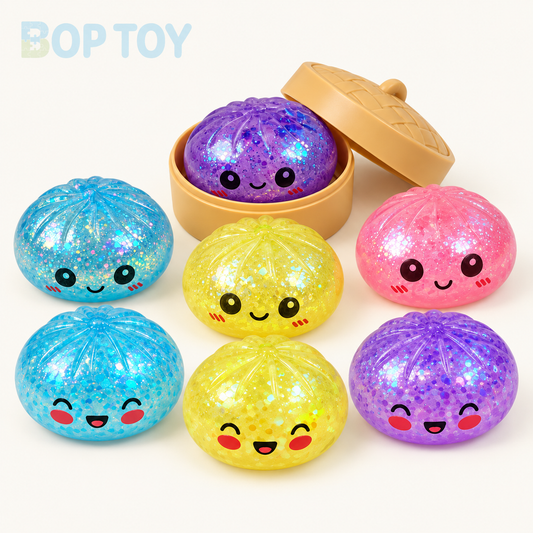 Smiley bao bun with tan steamer and seven color and expression examples - one random toy, not a set