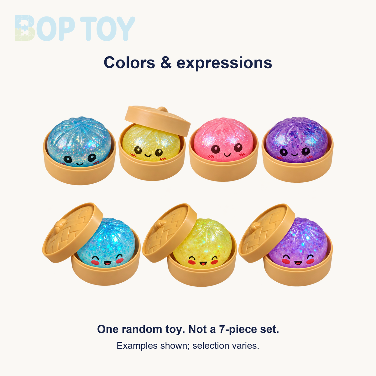 Smiley Glitter Bao Bun Squishy with Steamer - seven photographed color and expression examples; one random toy per order, not a set