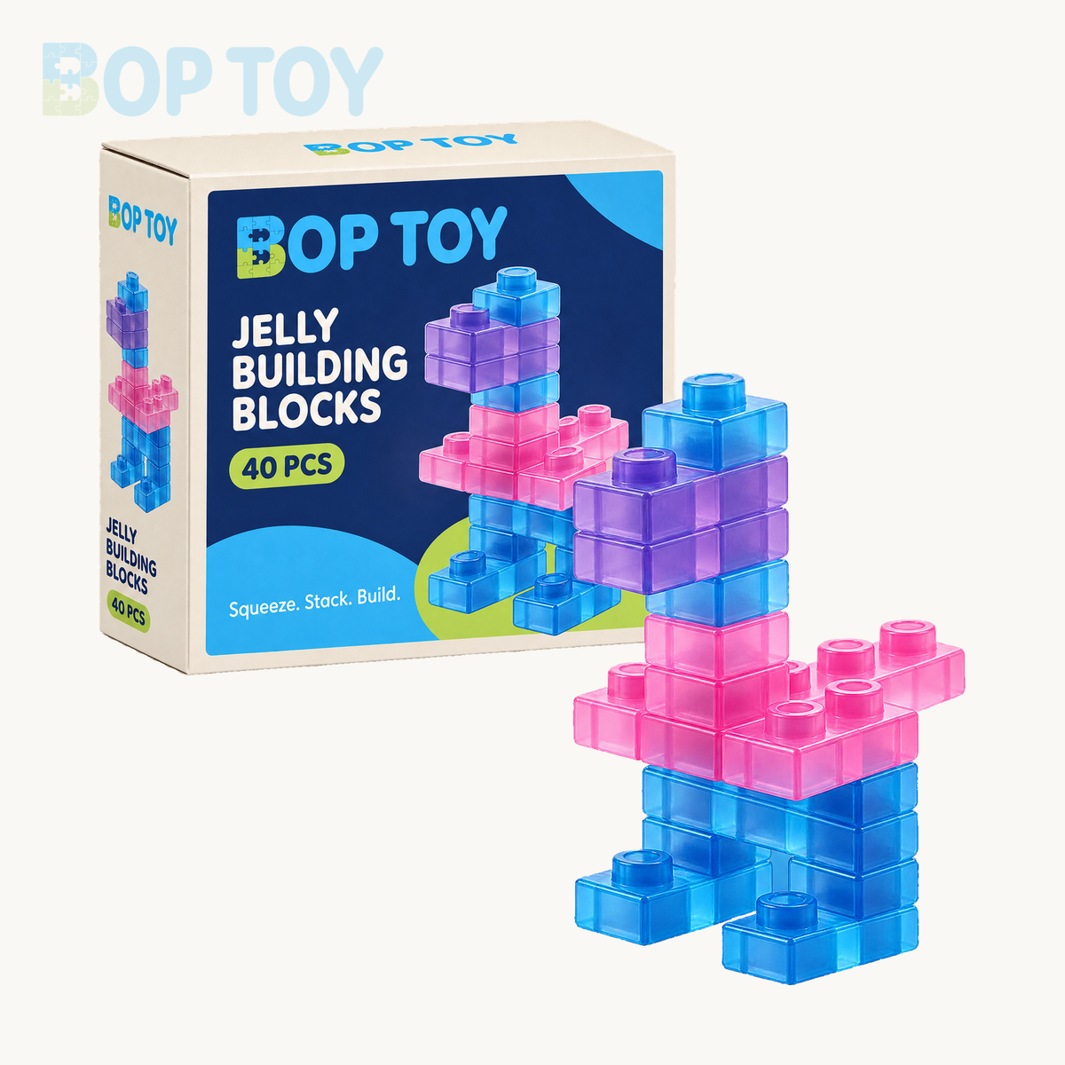 40-piece soft jelly bricks in a BOPTOY packaging design preview with an example assembled bird