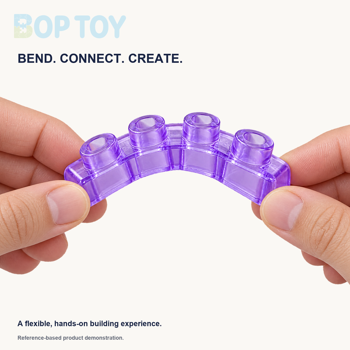 Reference-based illustration of hands bending one translucent purple four-stud jelly brick