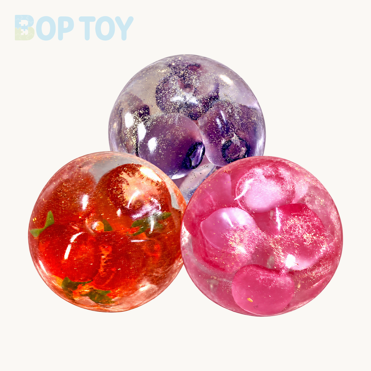 Vaseline Stress Ball Squishy Stress Relief Decompression Toy — Red Tomatoe / Purple Blueberry / Pink Lychee — BOP TOY product-only hero