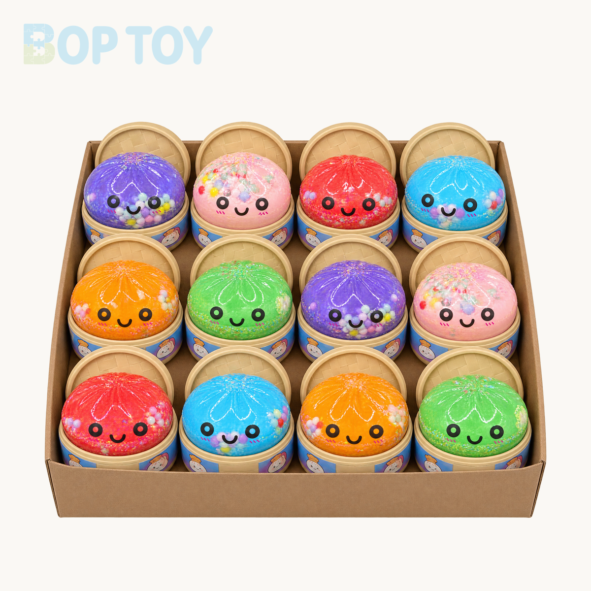 Sugar Bead Bun Squishy with Steamer — illustrative 12-piece mixed-color arrangement with beige steamers; packaging layout and color quantities may vary