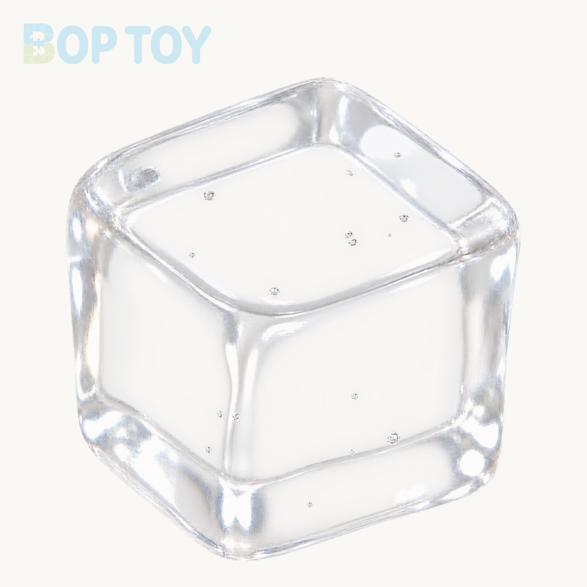 One colorless transparent handmade large ice-cube Taba squishy on BOPTOY cream background