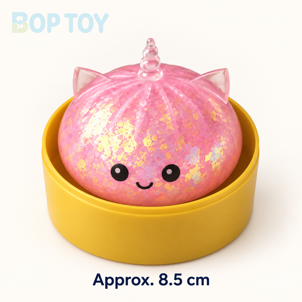 Pink gold-foil unicorn bun in steamer cup; approx. 8.5 cm nominal toy size