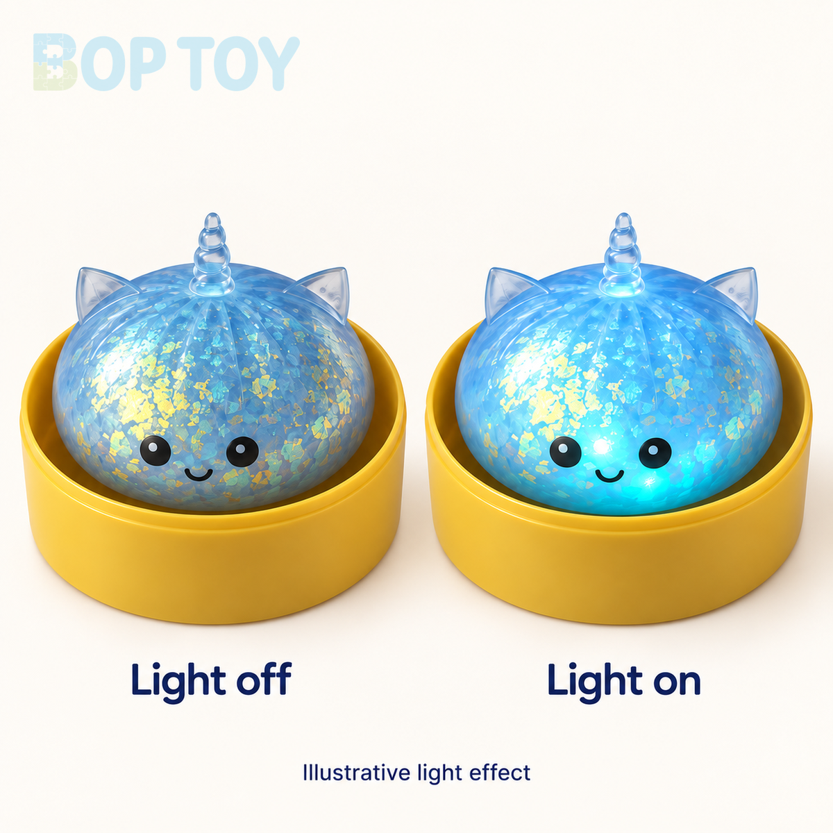 Blue gold-foil unicorn bun light-off and light-on illustration; two views of one product