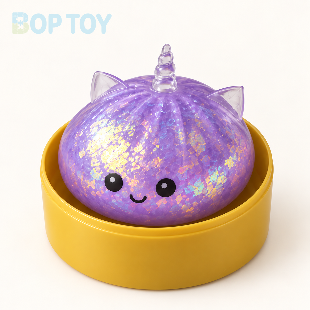 Purple unicorn bun close-up showing irregular gold-colored reflective flakes and golden-yellow steamer cup