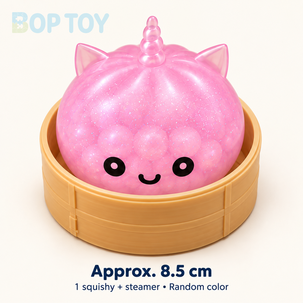 Pink unicorn bun squishy with steamer; approximate nominal toy size 8.5 cm