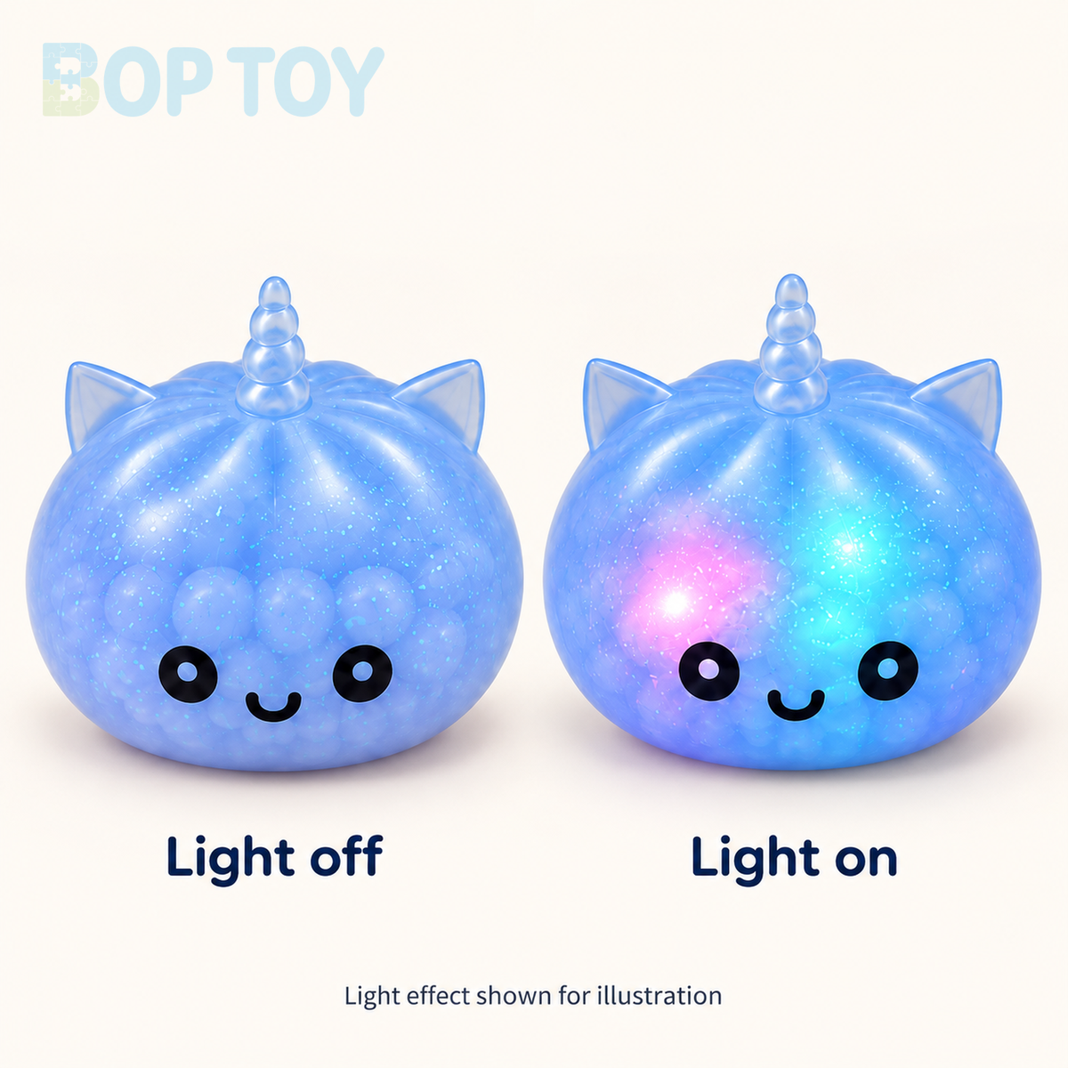 Blue unicorn bun squishy light-off and light-on illustration; two views of the same product