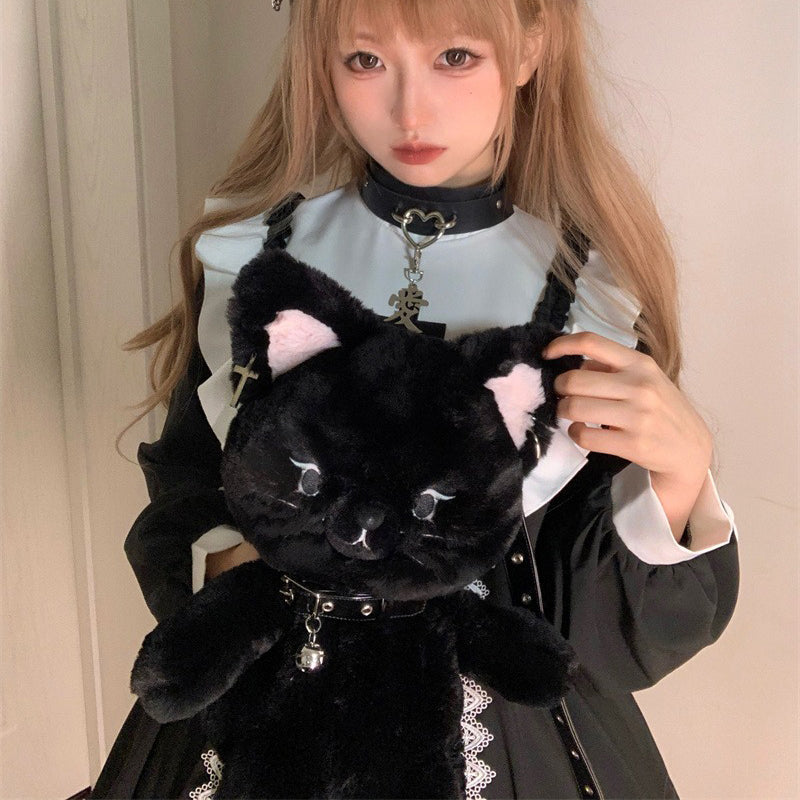 Black Cute Cat Plush Backpack Bag — image 10