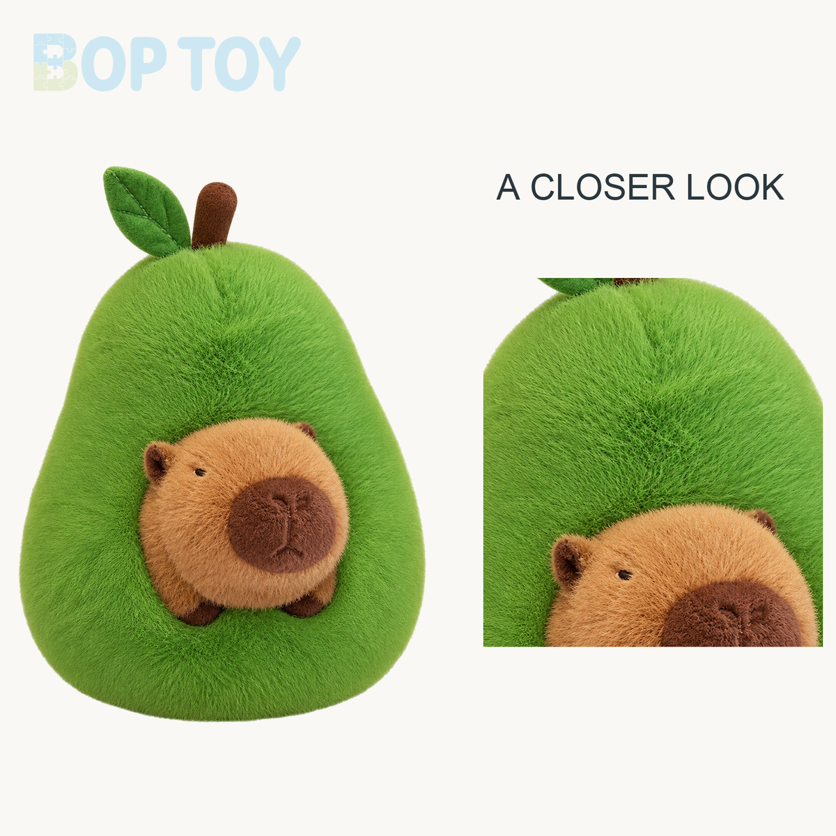 Fluffy Avocado Capybara Plushie close-up design view