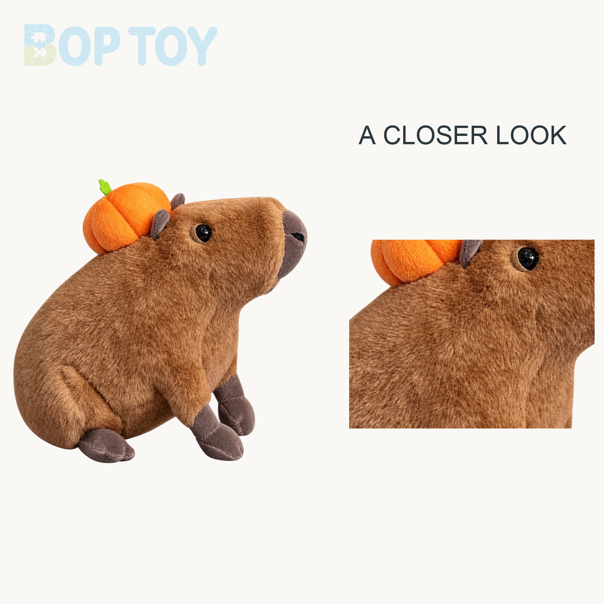 Biscuit the Derpy Capybara Plush close-up design view