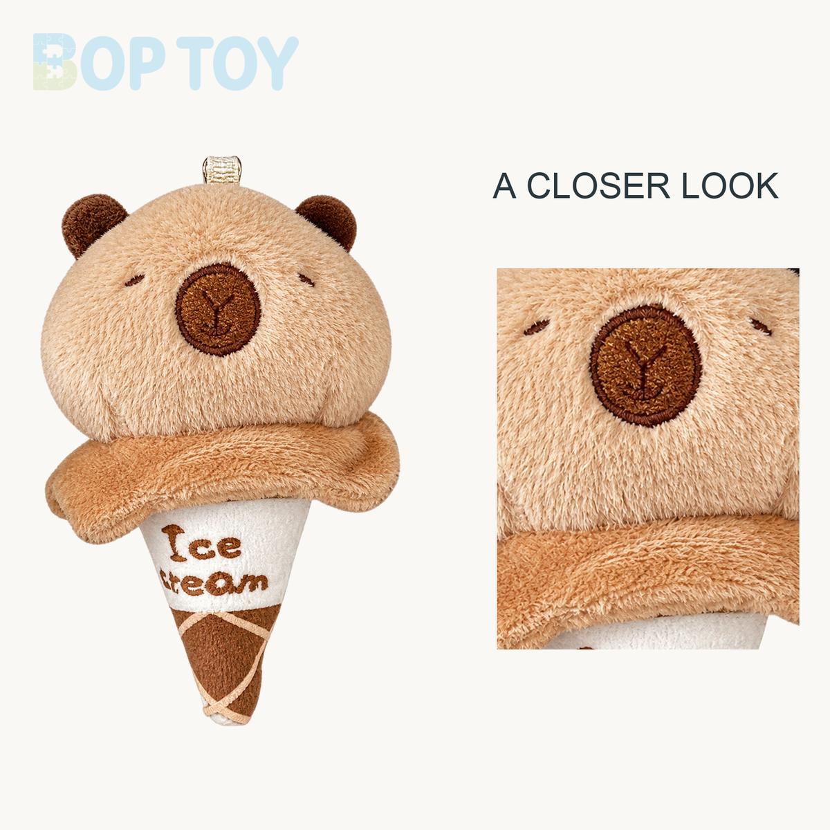 Capybara Ice Cream Plush Keychain - Mini Dessert Charm close-up design view
