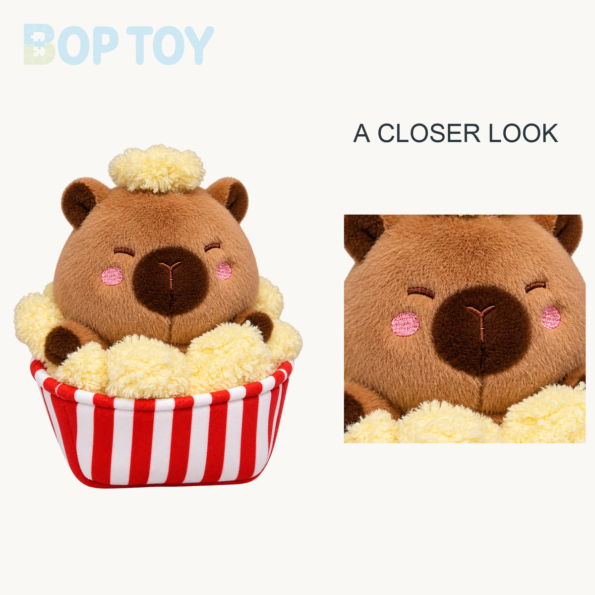 Puffed Rice Capybara Plush Toy | Cute Snack-Themed Stuffed Animal close-up design view