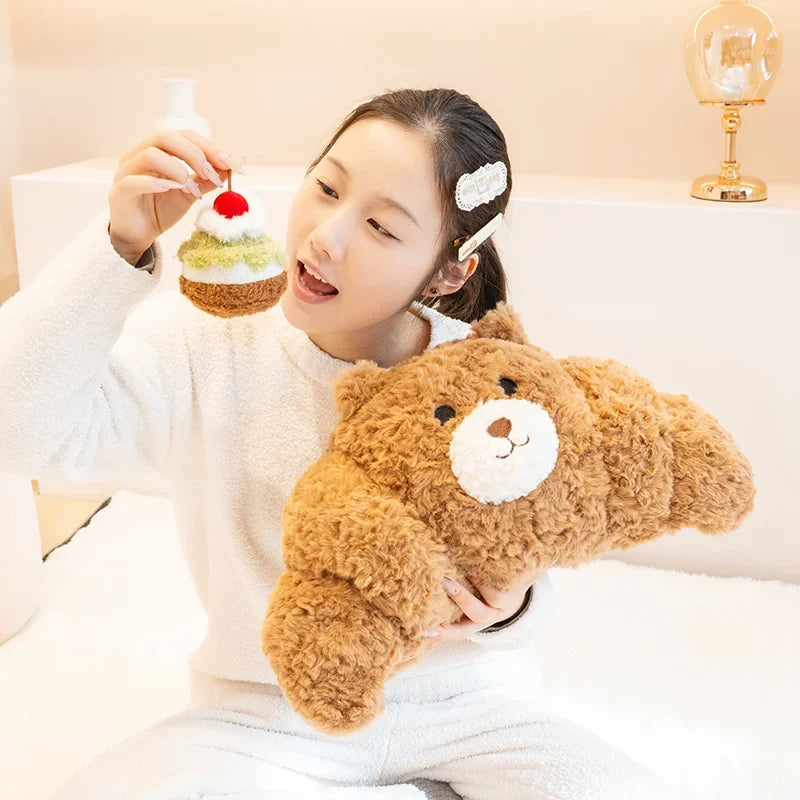 Fuzzy Bear Croissant Plushie Set – Cozy Stuffed Animal with a Sweet Surprise — image 2