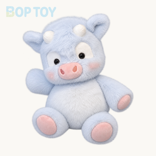 Blue & White fluffy Highland calf plush on a warm ivory background