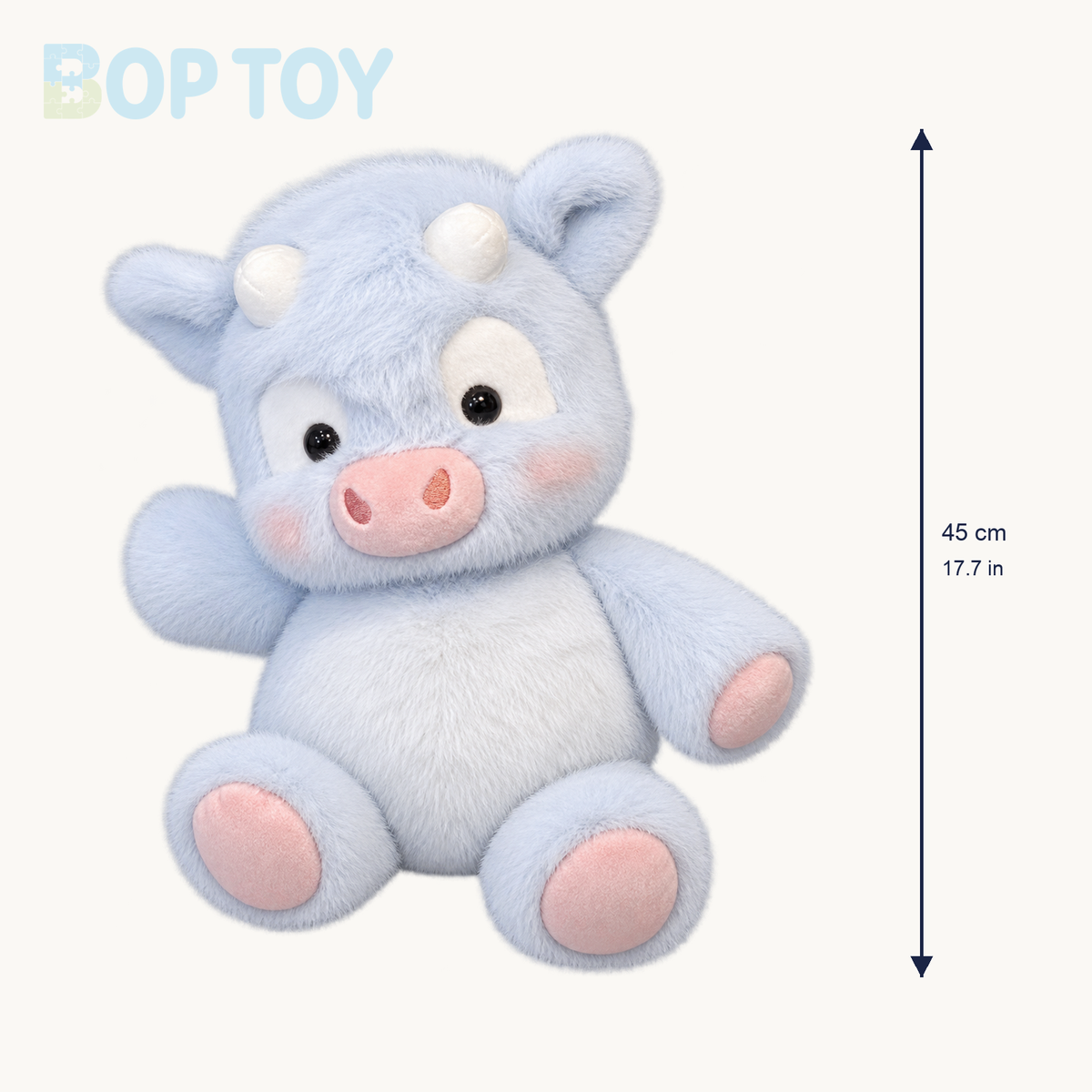 Blue & White Highland cow plush size guide: approximately 45 cm or 17.7 inches high