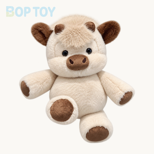 Cocoa Coffee fluffy Highland calf plush on a warm ivory background