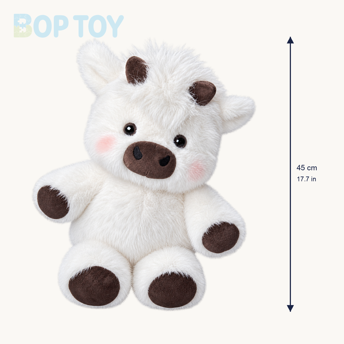 Cream Highland cow plush size guide: approximately 45 cm or 17.7 inches high