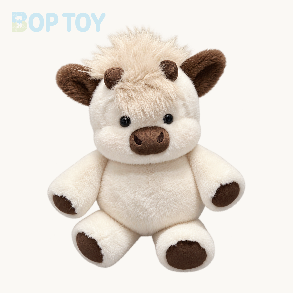 Cream Sandwich fluffy Highland calf plush on a warm ivory background