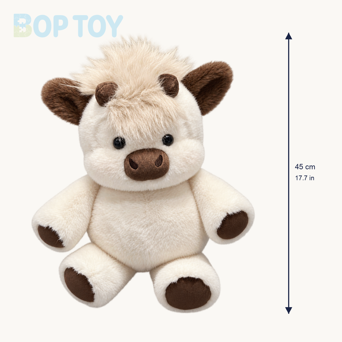 Cream Sandwich Highland cow plush size guide: approximately 45 cm or 17.7 inches high