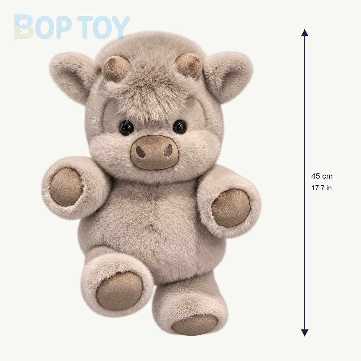 Grey Bean Highland cow plush size guide: approximately 45 cm or 17.7 inches high