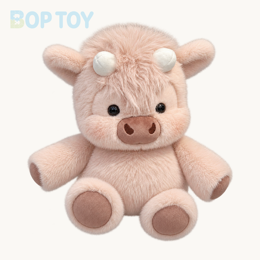 Guava fluffy Highland calf plush on a warm ivory background