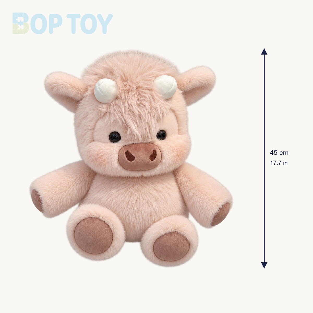 Guava Highland cow plush size guide: approximately 45 cm or 17.7 inches high