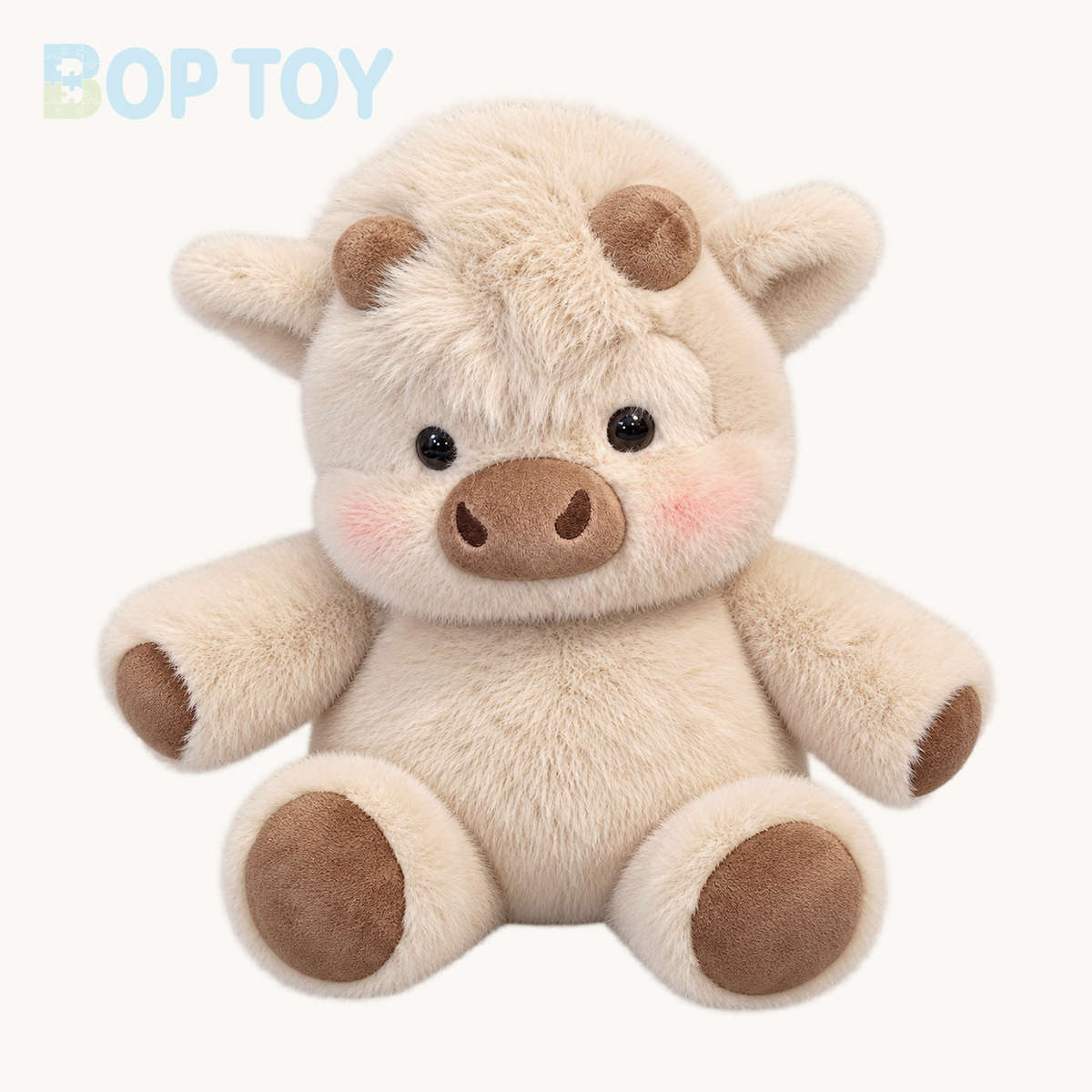 Light Khaki fluffy Highland calf plush on a warm ivory background