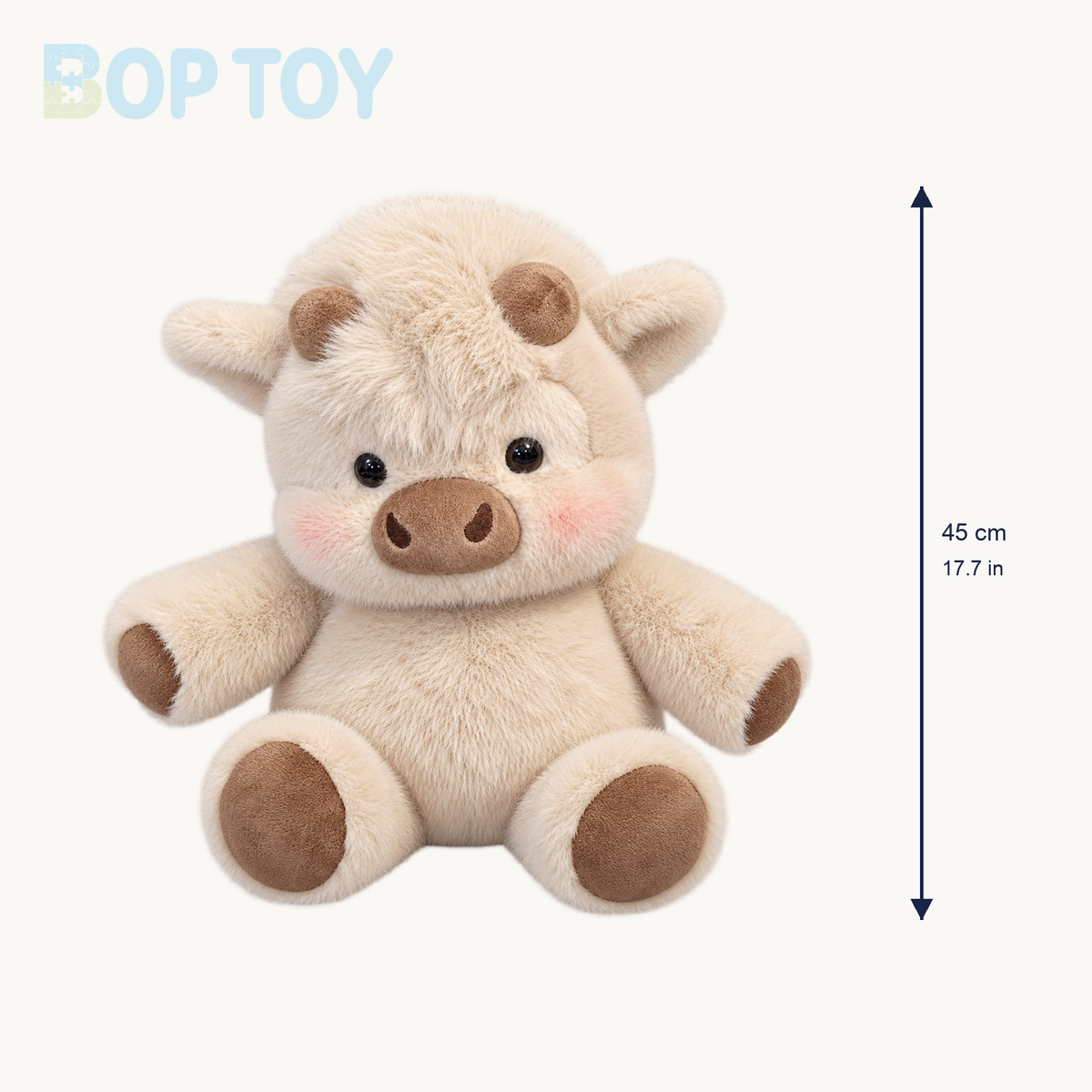Light Khaki Highland cow plush size guide: approximately 45 cm or 17.7 inches high