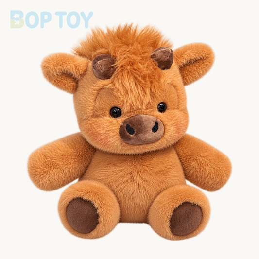 Maillard fluffy Highland calf plush on a warm ivory background