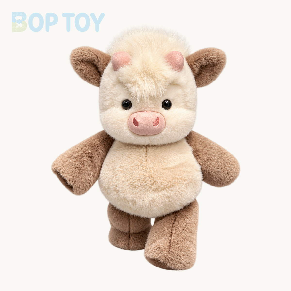 Milk Coffee fluffy Highland calf plush on a warm ivory background