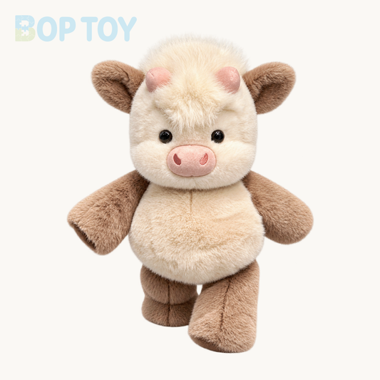 Milk Coffee fluffy Highland calf plush on a warm ivory background