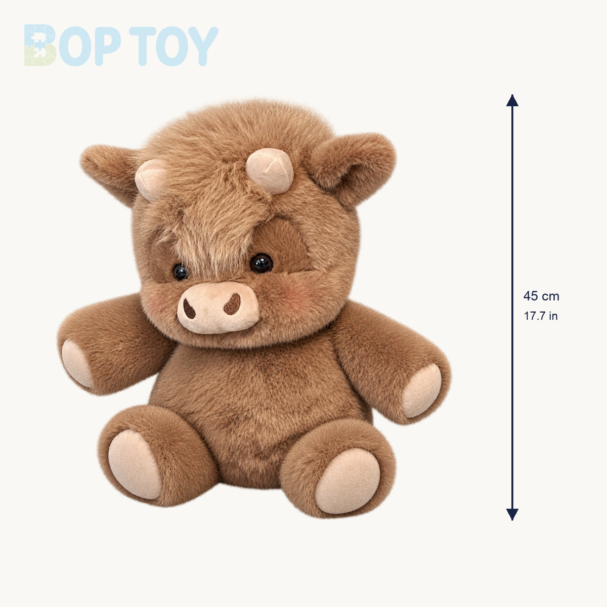 Mocha Highland cow plush size guide: approximately 45 cm or 17.7 inches high
