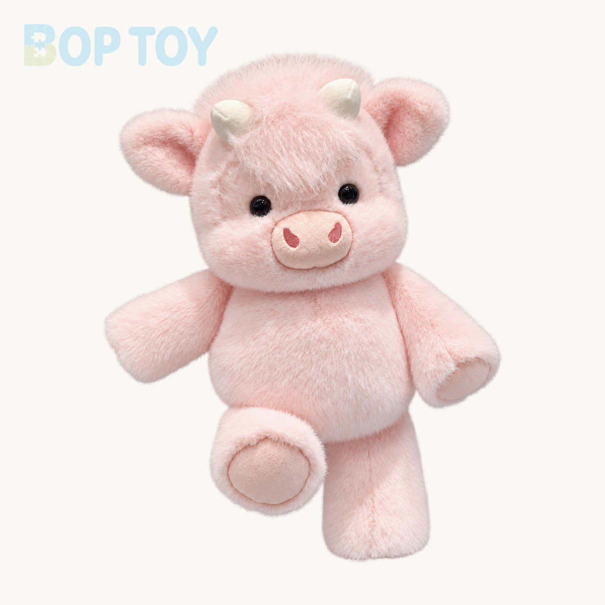 Powder Pink fluffy Highland calf plush on a warm ivory background