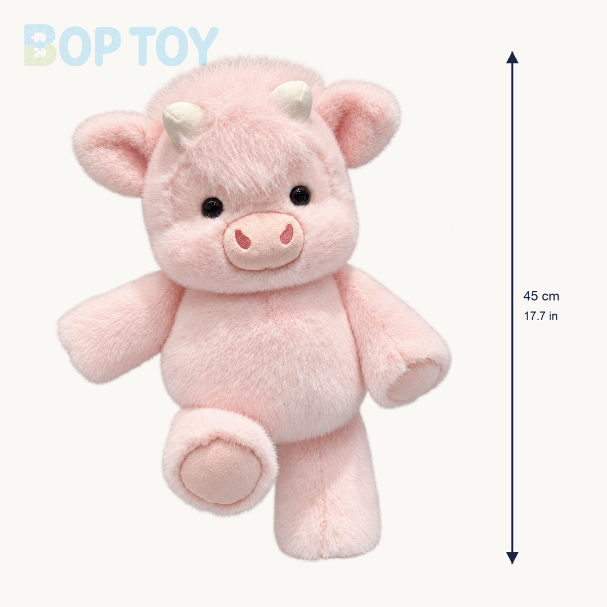 Powder Pink Highland cow plush size guide: approximately 45 cm or 17.7 inches high