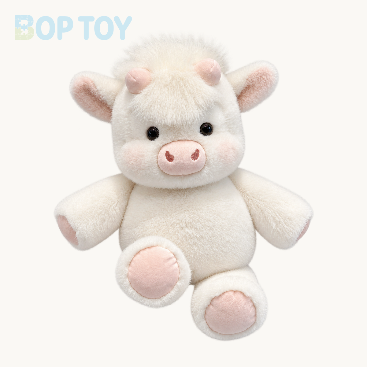 Soda fluffy Highland calf plush on a warm ivory background